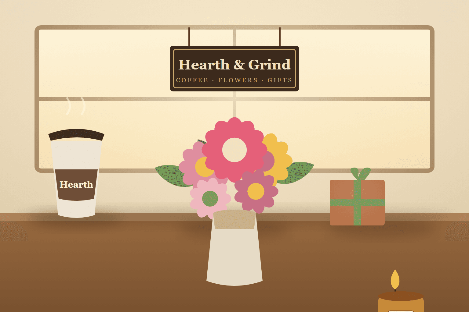 The Hearth & Grind counter, with coffee, a fresh bouquet, and gifts in the morning light